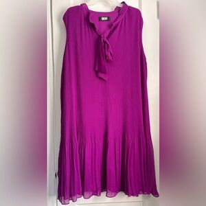 DKNY Electric Pink Sleeveless High Neckline Tie Pleaded Short Evening Dress